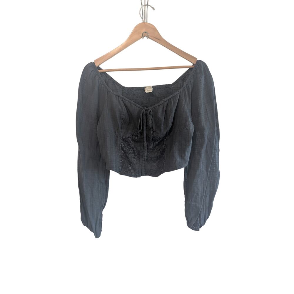 American Eagle Cropped Lace Blouse Women Large Black Boho Cottage Prairie Fairy - Picture 1 of 11